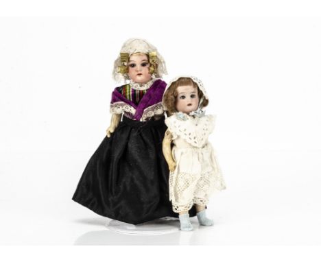 Two small German bisque headed dolls,  one marked 435 with blue sleeping eyes, blonde mohair wig, composition straight legged