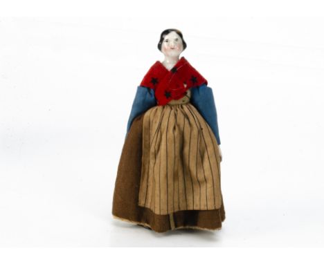 A 19th century china shoulder-head dolls' house doll, with black painted and moulded hair, rosy cheeks, stuffed body, china l