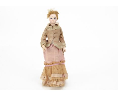 A F Gaultier fashionable doll,  with bulging fixed blue glass eyes, closed mouth, pierced ears, auburn wig on cork pate, sock