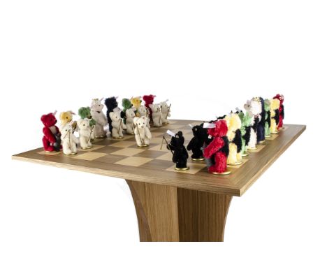 A Steiff limited edition Teddy Bear Chess Set and table 2007, 342 of 1000, thirty-two jointed teddy bears on metal bases and 