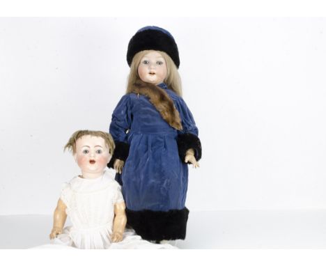 Two large German bisque headed dolls, an Ernst Heubach doll with composition jointed body, white cotton dress, underclothes, 