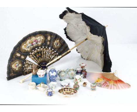 Miniature porcelain and an ivory handled parasol,  including a Royal Crown Derby dish --3 ¾in. (9.5cm.) wide; a Spode blue tr