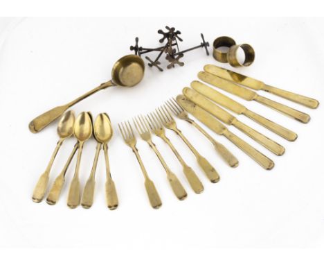 Unusual late 19th Century doll's cutlery,  pale brass coloured metal with crossed hammer mark comprising five knives --5in. (