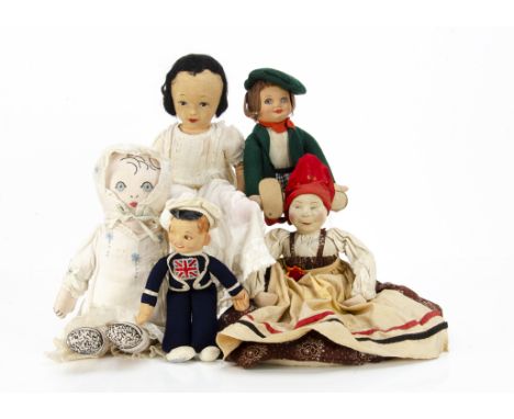 Various cloth dolls a Dean's Rag Book school girl with painted stiffened cloth face and label on bottom --11 ½in. (29cm.) hig