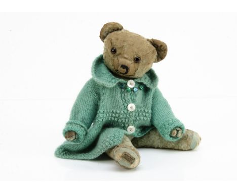 'Arabella Minty' a Merrythought turquoise artificial silk plush teddy bear 1930s,  with orange and black glass eyes, muzzle w