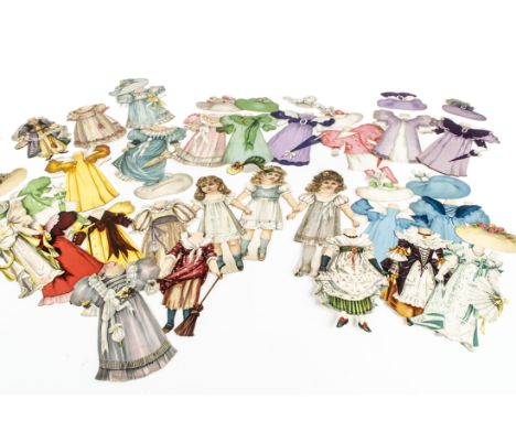 Three R S Tuck chromolithographic paper dolls,  with stands and twenty-three outfits, some with hats including fairy tale cha