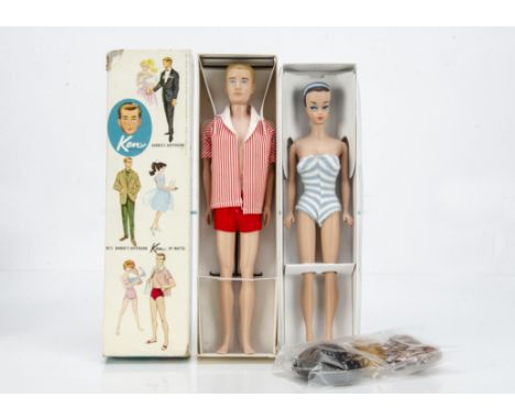 A Mattel Barbie Fashion Queen 1963, with blue and white striped swimsuit and three wigs; and a second issue Ken with painted 