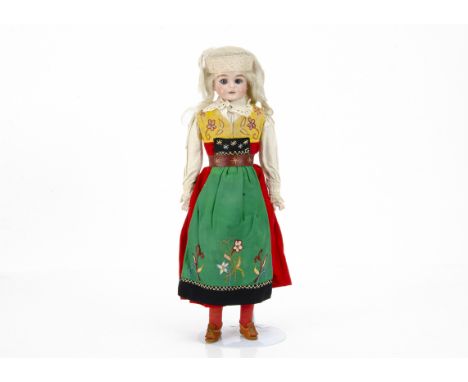 A Kling 124 shoulder head doll,  with blue sleeping eyes, blonde mohair wig, stuffed body with gusseted legs, bisque arms and