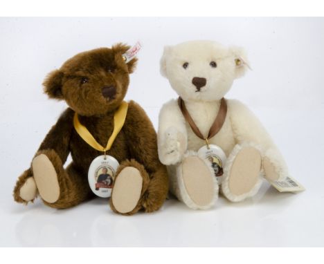 Two Steiff limited edition Margarette Steiff 150th Anniversary teddy bears,  one white 4773 and one brown 5194 for 1993 with 