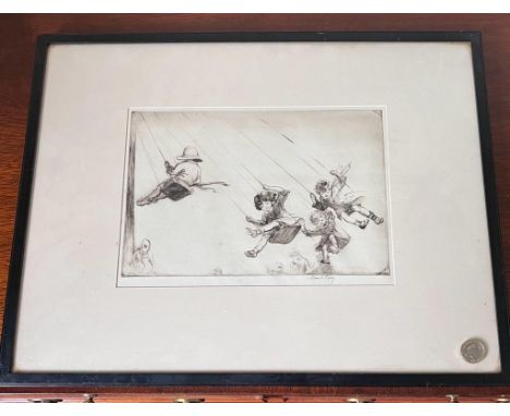 MONOCHROMED ETCHING, 'THE FLYING SWING', SIGNED EILEEN A SOPER, FRAMED AND GLAZED, APPROX 18.5 x 27.25cm

 