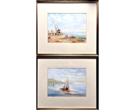 J CALEY, PAIR OF MARINE WATERCOLOURS DEPICTING BEACHED BOATS AND A SEASCAPE SCENE, APPROX 20 x 27cm EACH