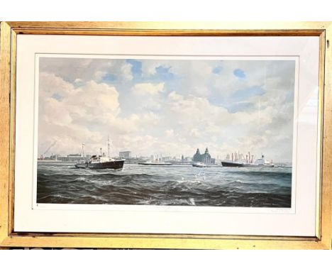 GORDON ELLIS FRAMED PRINT, 'LIVERPOOL WATERFONT', SIGNED IN PENCIL BY BARBARA J ELLIS, APPROX 45 x 78cm