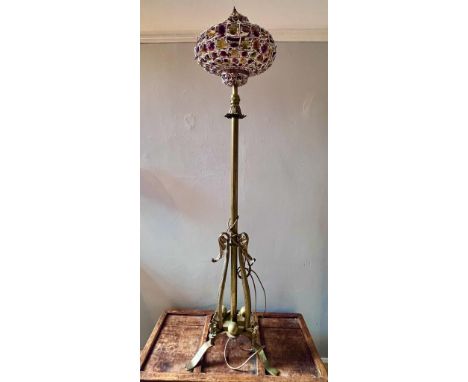 BRASS STANDARD LAMP WITH LANTERN SHADE, APPROX 150cm HIGH USED CONDITION, NOT TESTED FOR WORKING