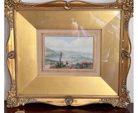 SMALL GILT FRAMED PRINT DEPICTING A COUNTRY HILL SCENE, APPROX 8 x 12cm

 