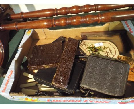 A Box containing Bone Handled Cutlery, Boxed Cutlery, Decorated Bellows etc 