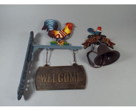 A Cast Metal Wall Hanging Cockerel Welcome Sign together with A Cockerel Welcome Bell (item 50, plus VAT) 