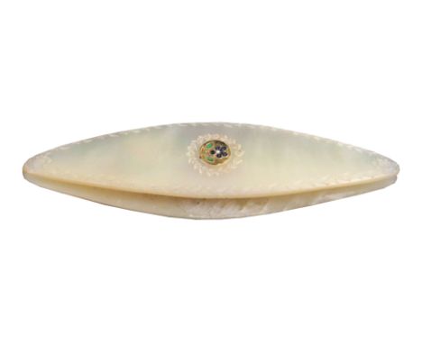 A rare Palais Royal mother of pearl shuttle, circa 1830, each side inset with circular gilt metal and coloured enamel pansy m