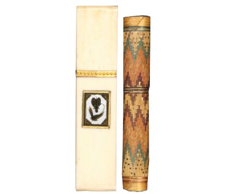 Two needlecases comprising a rectangular ivory example with gilt metal ferrule, one side of the lower part with inset verre é