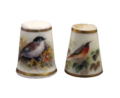 Two Royal Worcester puce mark thimbles, the first painted with a bird amid flowers between gilt lines and signed W. Powell, t