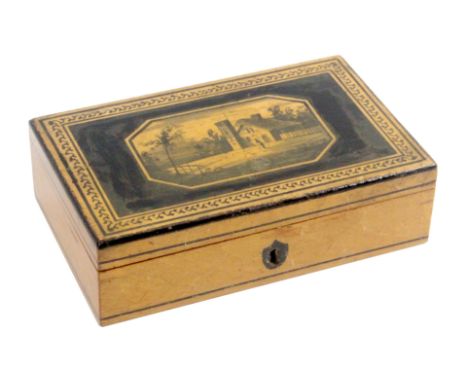 A painted Tunbridge ware whitewood rectangular box, the hinged lid with a cut corner panel painted with a rural scene within 