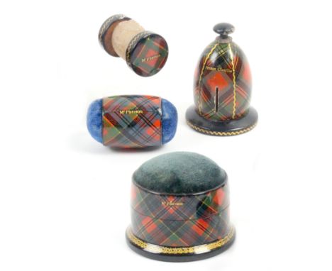 Tartan ware – sewing – four pieces comprising a cylinder box form pin cushion (M’Pherson), 5cm dia, a cylinder waxer (M’Phers