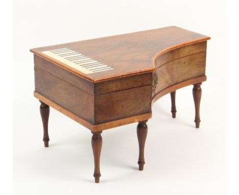 A Palais Royal inlaid mahogany musical sewing box in the form of a piano, circa 1850, on five turned rosewood legs the front 