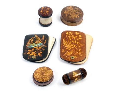 Fern ware – mostly sewing – six pieces all dark ground comprising a disc form pin cushion, 3.5cm, a swivel notelet, 7cm, anot