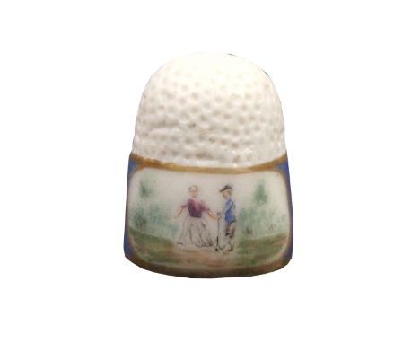An 18th Century porcelain thimble probably French, the powder blue frieze between gilt lines with a reserved panel of a man a