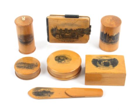 Mauchline ware – seven pieces - comprising a circular box containing ceramic dish (Lynmouth and Lynton) 6cm, a rectangular st