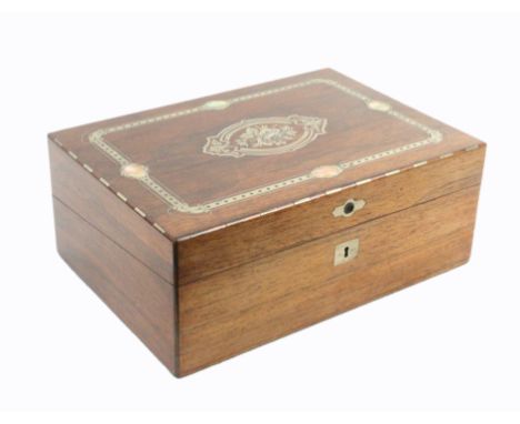A rosewood and white metal inlaid sewing/writing box the escutcheon engraved “Agnes Child, 1st Jan 1875”, the lid inlaid in w