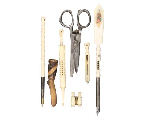 Seven objects incorporating Stanhopes comprising a bone pen/paperknife (five views – Burlogne Sur Mer – distorted) 19cm, a bo