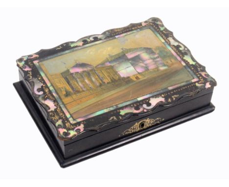 A papier mache rectangular sewing box, circa 1860, the lid with overhanging shaped border and painted over mother of pearl wi
