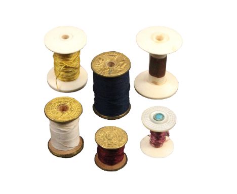 Six various reels comprising three wooden reels with stamped gilt brass ends including Clarkson’s Royal, Pitmans Egyptian Twi