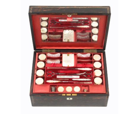 A fine coromandel wood rectangular sewing box of rectangular form, circa 1850, the front and lid with double bone lines with 
