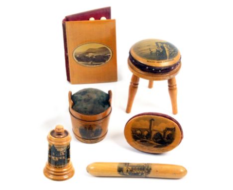 Mauchline ware – sewing – six pieces comprising a stool form pin cushion (Beachy Head Lighthouse) 7.2cm, a pail form pin cush