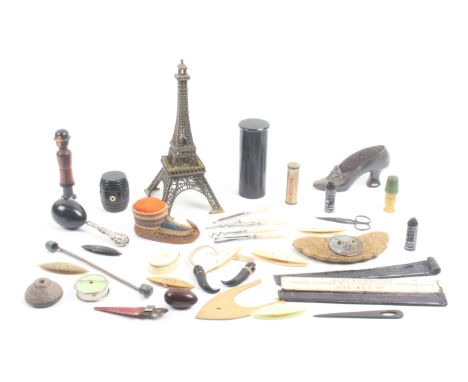 A mixed lot – sewing including knitting pins, Anchor cotton barrel, ebony cylinder containing various tools, 10.5cm, seven bo