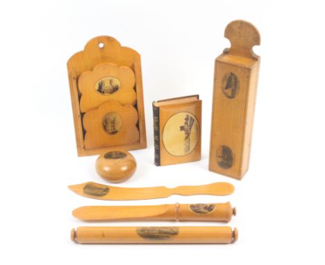 Mauchline ware – seven pieces – comprising a two division wall mounting letter rack (Canterbury Cathedral/West Gate Canterbur