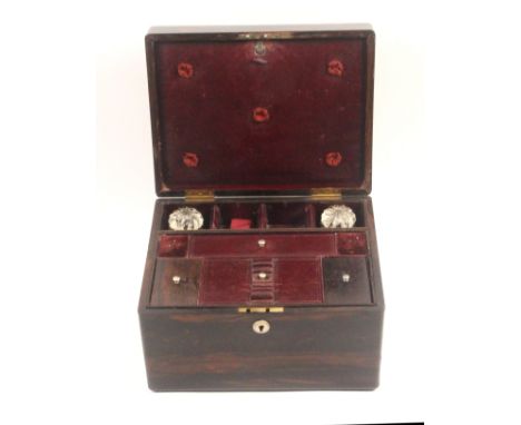 A coromandel wood dressing box of rectangular form, mother of pearl escutcheon and lid plaque, the latter dated 1844, the int