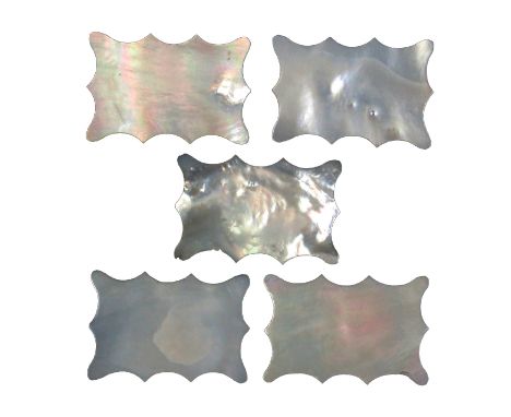 A set of five 19th Century Mother of pearl silk winders of shaped rectangular outline, 5cm                    (5)