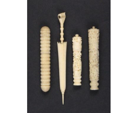 Four 19th Century ivory needlecases comprising an example in the form of a furled umbrella the clenched fist handle with Stan