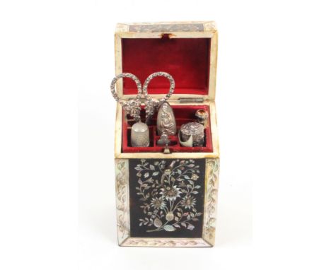 A tortoiseshell and mother of pearl etui of rectangular section, circa 1840, the lid with white metal tablet, the front inlai