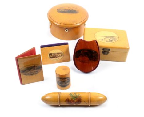 Mauchline ware – sewing – seven pieces comprising a circular reel box (Pier Llandudno), 10.5cm dia, a needlebook (South Sands