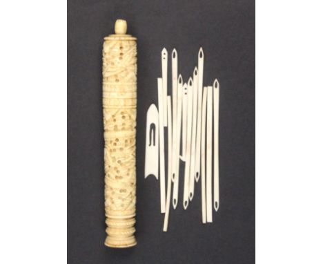 A 19th Century Chinese carved bone netting cylinder of tapering cylinder form carved with dragon and birds, complete with too