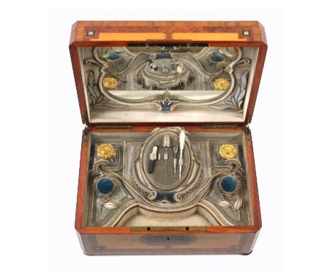 An impressive inlaid French musical sewing box, circa 1870, of rectangular form in burr yew, the lid and front elaborately in