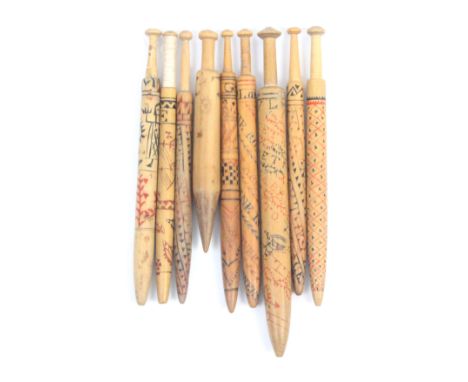 Nine 19th Century wooden Devon bobbins including a spiral inscribed example Take This My Dear And Prove True And I Will Be Th