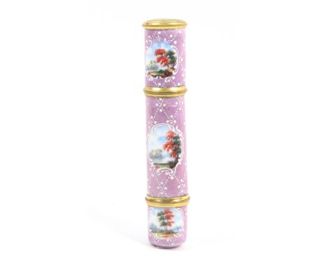 An 18th Century English enamel three piece cylinder box, the purple enamel ground decorated with a white trellis and dot patt