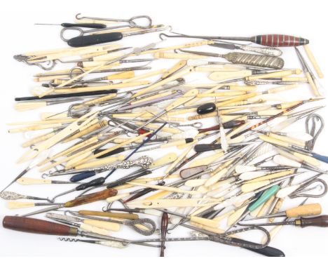 A collection of button hooks, stilettos and other tools           (qty)