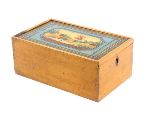 A painted Tunbridge ware whitewood rectangular box, the sliding lid painted with a cut corner panel of a rural river scene wi