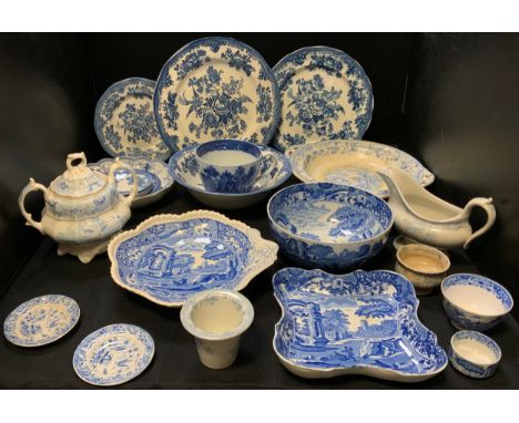 A Copeland Spode Italian pattern fruit bowl, dishes, etc;  19th century blue and white pedestal bowl; willow pattern;  etc, q