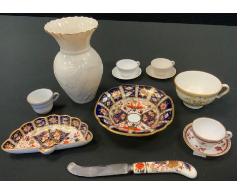 A Royal Crown Derby 2451 fan trinket dish;  similar saucer;  miniature Spode cup and saucer,  Belleek vase; etc 